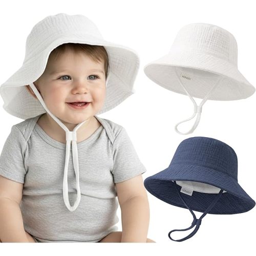 Konssy Muslin Baby Sun Hat 2-Pack, Infant Sun Hat with Wide Brim, UPF 50+ Baby Beach Hat for 0-6 Months - Navy-White