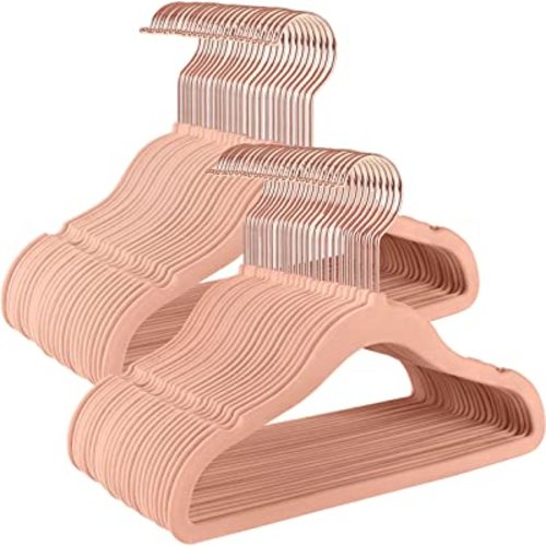 SONGMICS Baby Kids Hangers 50 Pack for Closet, 11.8 x 8.1 Inches, Rose Gold 360° Swivel Hooks, Space-Saving Clothes Velvet Hangers for Nursery, Non-Slip, Jelly Pink UCRF027P01