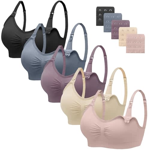 Angelhood Nursing Bra 5 Pack Womens Maternity Breastfeeding Seamless Wireless Sleep Bra with Extenders
