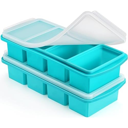 Silicone Freezer Tray with Lid - 1 Cup Silicone Food Freezer Tray - Large Ice Cube Freezer Molds - Soup, Sauce, leftovers, Homemade Meal Prep Freezing Kitchen Storage Containers - Aqua - 2-Pack
