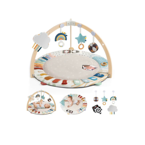 Blissful Diary Baby Play Gym & Activity Mat, 5 Developmental Zones Wooden Tummy Time Mat with 5 Detachable Sensory Toys for Motor Skills & Sensory Development, Baby Essentials Shower Gift