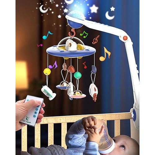 Baby Crib Mobile – Space Nursery Mobile for Crib W/Foldable Design, Remote Control, Soothing Music, Night Light, Moon & Star Projection, Baby Crib Toy for Boys & Girls 3-12 Months (Blue)