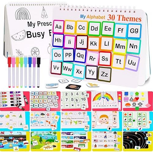 HAN-MM Busy Book for Kids, Montessori Preschool Learning Activities, 30 Themes with 8 Marker, Workbook Activity Binder for Toddlers 1-3, Autism Learning Materials and Tracing Coloring Book, BusyTots