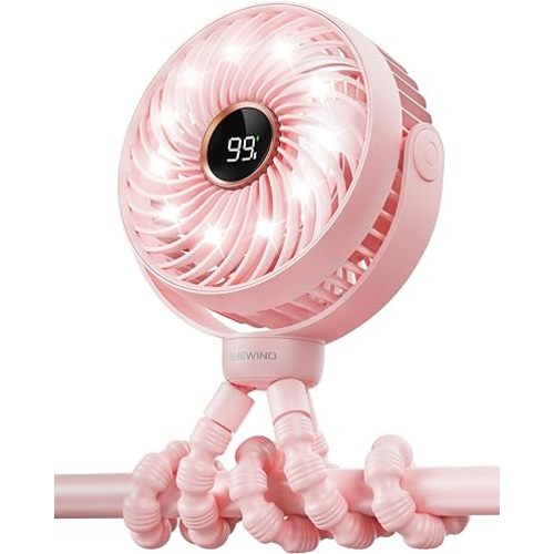Stroller Fan, LED Light Portable Fan, 3600mAh Battery Operated Small Clip on Fan, 4 Speed Rechargeable Mini Personal Fan Cooling Travel Fan For Car Seat Crib Treadmill (Pink)