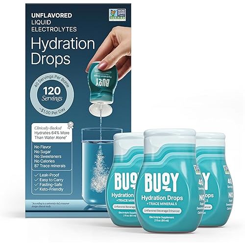 Buoy Electrolyte Drops | 120 Servings | No Sugar, No Sweeteners | Trace Minerals, Vitamins & Antioxidants | Unflavored, Subtle Mineral Taste | Daily Hydration Supplement (Unflavored - 3 Pack)