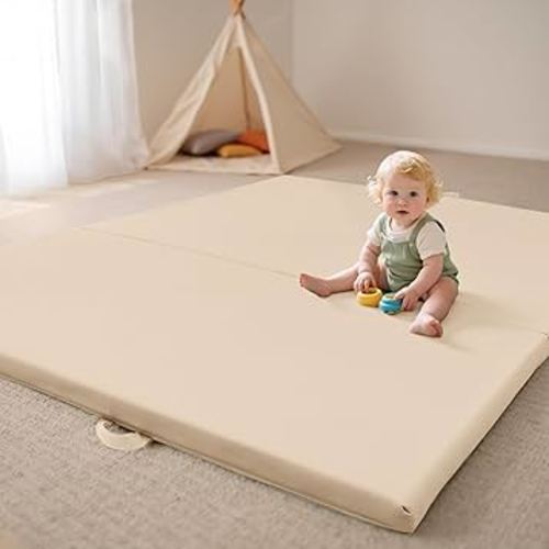 Baby Play Mats for Floor Vegan Leather 1.5 Inch Extra Thick Foam Play Mat 47 * 47 for Kids for Playpen,Wipe-Clean Waterproof, Travel Foldable with Storage Bag,Crawling Mats for Toddlers&Infants,Beige