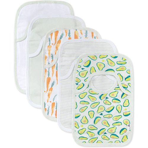 Burt's Bees Baby Bibs, 5-Pack Lap-Shoulder Drool Cloths, 100% Organic Cotton with Absorbent Terry Towel Backing - Carrots & Avocados