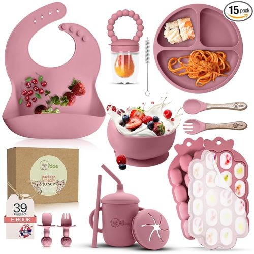 O'doe Baby Weaning Set – 15 Pcs Silicone Baby Feeding Set with Suction Plate, Bowl, Bib, Sippy Cup, Fruit Feeder, Freezer Tray