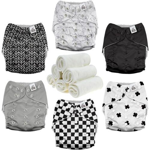 Mama Koala 3.0 Pocket Cloth Diapers for Babies with AWJ Lining, 6 Pack with 6 4-Layer Natural Cloth Diaper Inserts - Reusable and Washable Pocket Diapers (Black and White)
