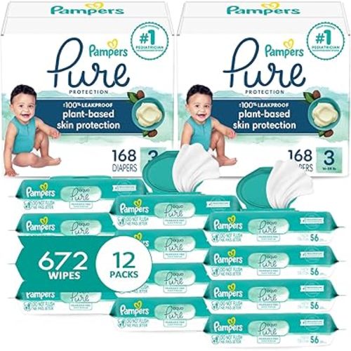 Pampers Pure Protection Disposable Baby Diapers Size 3, 2 Month Supply (2 x 168 Count) with Aqua Pure Sensitive Baby Wipes, 12X Pop-Top Packs (672 Count)