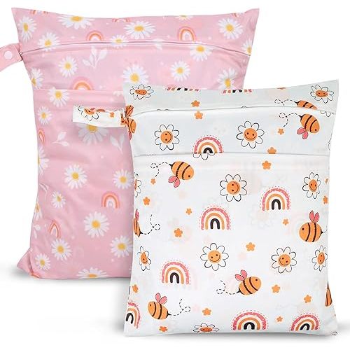 2pcs Travel Waterproof Laundry Bag, Cloth Diaper Wet Dry Bags with Handle & 2 Zipper Pockets, Reusable Washable Dirty Clothes Bag for Baby Adult Travelling Hanging, Bathing Beach Pool Daycare