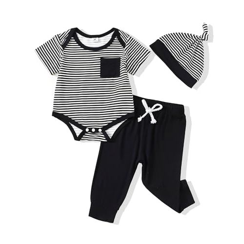 Mikrdoo Newborn Baby Boy Clothes - Rayon Derived from Bamboo Summer Outfits, Short Sleeve Romper Top Pants Set for Boy 0M-18M