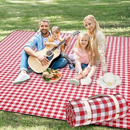 G GOOD GAIN Picnic Blankets Outdoor Extra Large - 80"x80" Portable Waterproof Picnic Blanket, Machine Washable 3-Layer Foldable Park Mat with Sandproof Backing for Grass, Hiking, Travel (Red)