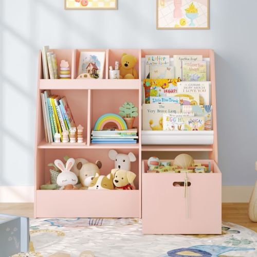 Arceso 4 in 1 Kids Bookshelf and Toy Storage Organizer, 3-Tier Toy Organizers with Removable Toy Bin, Toddler Sling Bookshelf with Storage Cubbies