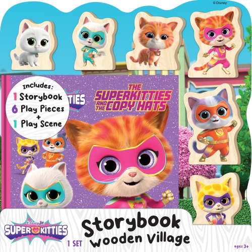 Disney Junior Super Kitties Storybook and Wooden Toy Play Village, Educational Toy for Kids 3 and up with 6 Wood Pieces and 24 Page Book