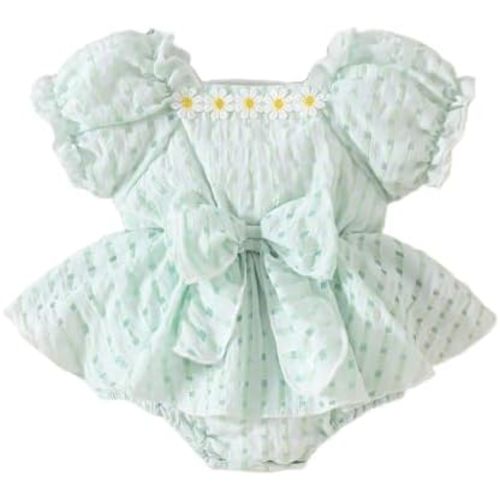 Newborn Baby Girl Summer Outfit Floral Daisy Puff Short Sleeve Square Neck Bow Dress Romper