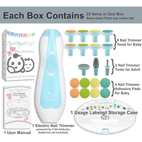 Baby Nail Trimmer 21 in 1, Usage Labeled Case & 13 Extra Replacement Tools, Royal Angels Baby Electric Nail File, Baby Nail Care, Nail Clipper Newborn Toddler Toes & Fingernails Nail Kit (Blue)