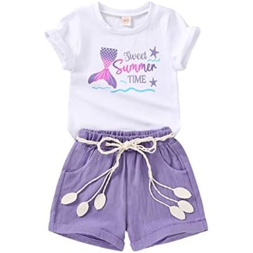 YOUNGER TREE Toddler Baby Girls Clothes Watermelon T-shirt + Linen Shorts with Belt Cute Summer Short Set