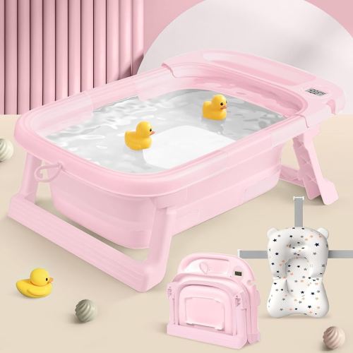 Collapsible Baby Bathtub,Baby Bath Tub with Thermometer & Soft Cushion,Baby Bathtub for Newborn to Toddler 0-36 Months,Portable Travel Baby Tub with No-Slip Feet,Baby Shower Gifts,Pure Pink