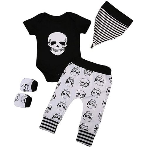 Muasaaluxi Newborn Baby Girls Boys Halloween Outfits Skull Romper Tops Floral Pants Hat Mitten/Headband Set 0-24M