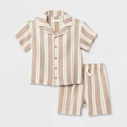 Grayson Mini Toddler Boys' Short Sleeve Striped Button-down Shorts Set - Beige 12m