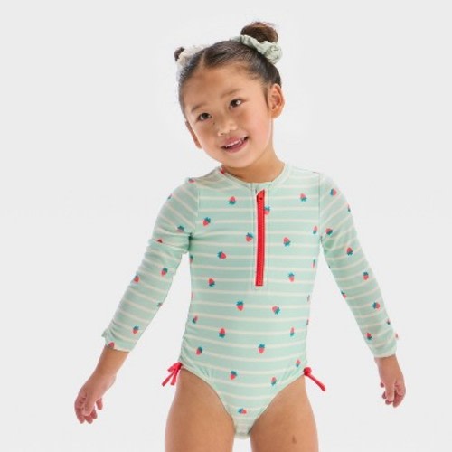 Baby Girls' Long Sleeve Half Zip One Piece Rash Guard Swimsuit - Cat & Jack™ Mint Green 18M: UPF 50+, Stripe Pattern