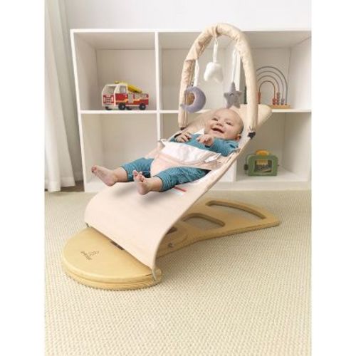 Avenlur Fir Baby Bouncer - Wooden Rocker with Play Arch & Hanging Toys, Foldable Portable Design for Newborns & Toddlers, Soft & Safe Fabric