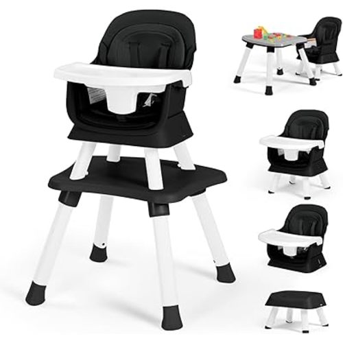 Kinder King Baby High Chair, 8 in 1 Coverts to Dining Booster Seat, Kids Table & Chair Set,Toddler Building Block Table, Removable Tray & Double Seat Cover, Easy to Wipe, Black & White