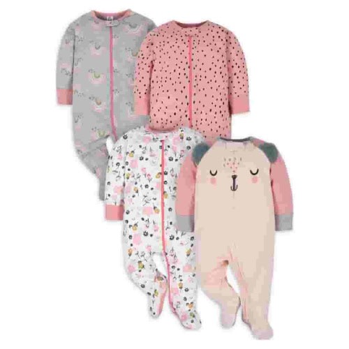Gerber Baby Girl Sleep 'n Play Footed Pajamas, 4-Pack