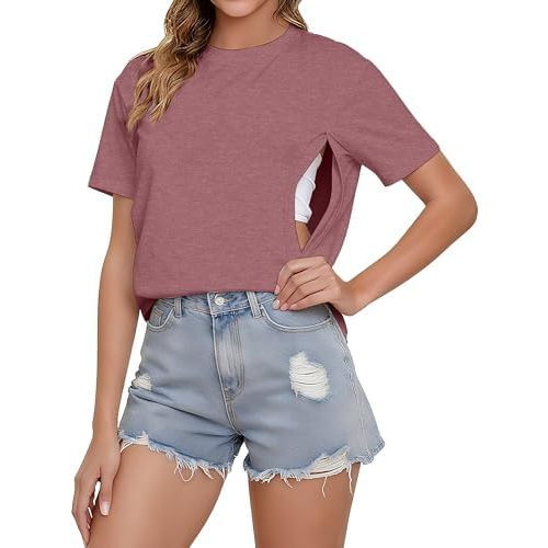 Comfort Breastfeeding Shirts for Women Zip Nursing Tops Causal Distressed Acid Washed Maternity Tees