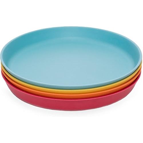 WeeSprout Bamboo Plates, Set of 4, Kid-Sized Bamboo Kids Plates, Dishwasher Safe Bamboo Plates for Kids (Blue, Yellow, Orange, & Red)