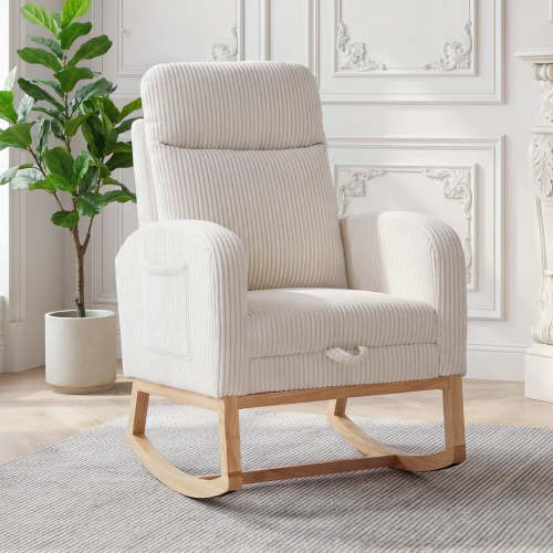 Nursery Rocking Chair, Corduroy Upholstered Rocking Chair with Adjustable Footrest, Tufted Rocker Chair with Side Pocket, Glider Rocker for Living Room, Bedroom