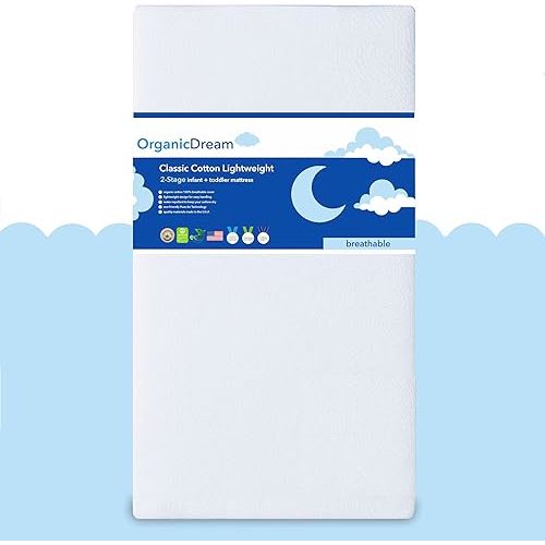 ORGANICDREAM Crib Mattress + Toddler Bed - 100% Breathable Proven to Reduce Suffocation Risk, Hypoallergenic, GREENGUARD Certified - Lightweight 2-Stage Removable Cover - Deluxe 6" Thick - White