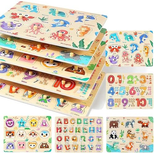 GRINNNIE Wooden Puzzles for Toddlers 1 2 3 Years Old, Montessori Toddler Toys 5PCS Peg Puzzles with Knob - Number, Alphabet, Shape, and Animal, Great Gifts for Boys Girls