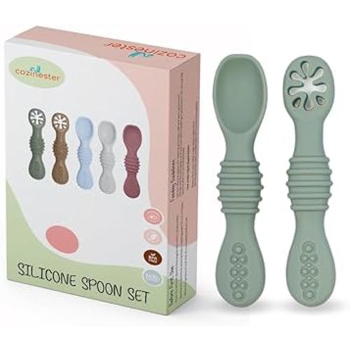 Silicone Baby Spoon & Pre-Spoon Self Feeding - First Stage Infant Feeding Spoons - Bendable Baby Utensils for Parent & Self-Feeding, Teething Friendly (Set of 2) (Olive Green)