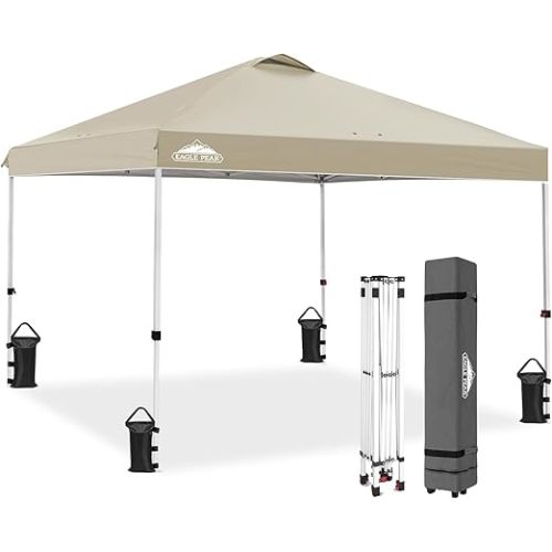 EAGLE PEAK Pop Up Canopy Tent with Wheeled Carry Bag, 8 Stakes, 4 Ropes, 4 Weight Bags, Easy Set Up Tent Canopy, 10x10 ft, 100sqft of Shade, Light Beige