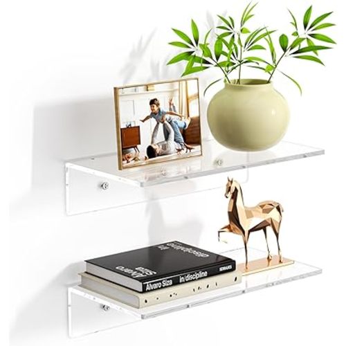 FEMELI 2 PCS 12" Acrylic Floating Shelves, Clear Wall Display Shelves for Lego, Plant, Perfume, Book in Bedroom Living Room Office, 5mm Thick Wall-Mounted Acrylic Shelves for Wall