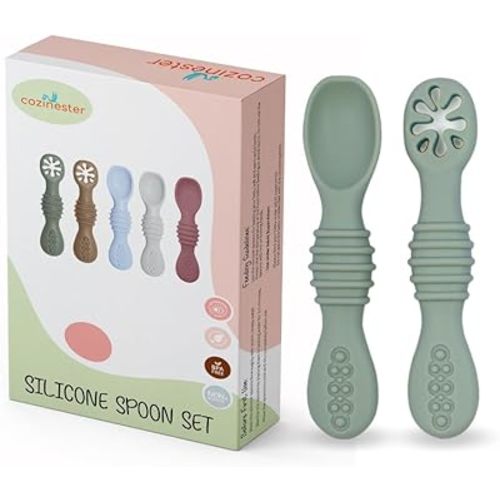 Silicone Baby Spoon & Pre-Spoon - Baby Spoons Self Feeding 6 Months, Bendable Toddler Utensils, Baby Led Weaning Supplies | BPA Free & Boil-proof (Set of 2) (Olive Green)