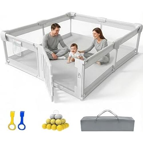 Funyoo 79" ×71" Baby Playpen with Gate, Large Baby Play Pen for Babies and Toddlers, Infant Fence Play Yard with Door for Living Room, Anti-Fall, Breathable Mesh