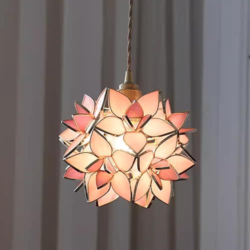 Glass Flower Petals Tiffany Style Stained Glass Ceiling Pendant Light Floral Petal Light Fixture Modern Hanging Lamp 7 Inch Mini Pendant Lighting for Kitchen Island - Pink