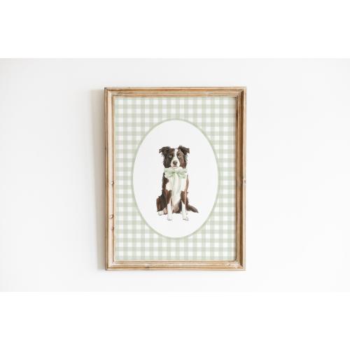 Chocolate Border Collie Nursery Decor, Watercolor Golden Spaniel Dog Nursery Print, Baby Boy Nursery, Sage Green Gingham Bow Dog Wall Print