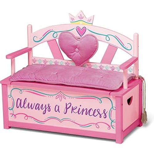 Wildkin Kids Princess Wooden Bench Seat With Storage, Toy Box Bench Seat Features Safety Hinge, Padded Backrest, Seat Cushion, and Two Carrying Handles, Measures 32 x 15.5 x 27.5 Inches (Pink)