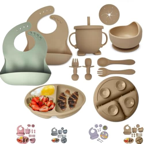 Mutualproducts - Baby Feeding Set 10-Piece | Baby Led Weaning Utensils Set Includes Suction Bowl and Plate, Baby Spoon and Fork, Sippy Cup, Straw, Lid & 2Bibs | Baby Feeding Supplies (B-Beige)