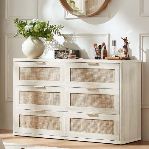 LEYAOYAO Horizontal 6 Drawer Dresser, Bedroom Rattan Dresser, Boho Chest of Drawer for Living Room, Hallway, Grey White