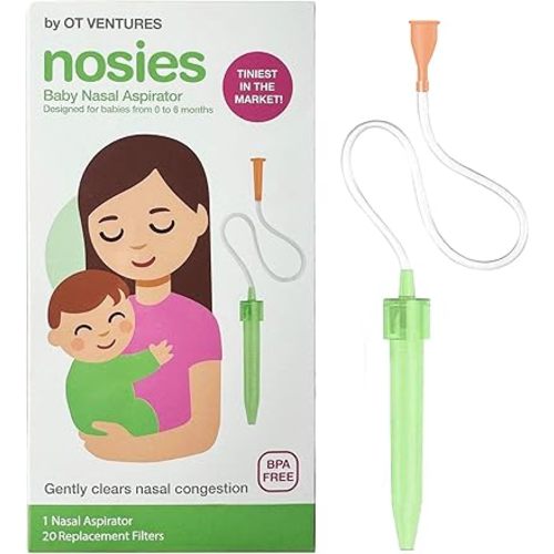 Nosies New Born Baby Nasal Aspirator (0-6 Months) with 20 Hygiene Filters | Tiniest Aspirator Ideal for New Born Baby Congestion Relief, Pediatrician Recommended, Gentle Suction