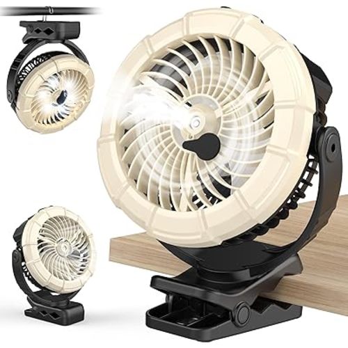 Ausic 3-in-1 Portable Clip on Desk Fan with Misting & LED Lights & Hook, 100ML Baby Stroller Fan, 5200mAh Rechargeable Battery Operated & 360° Rotation & 3 Speeds for Outdoor Travel Camp Golf Cart