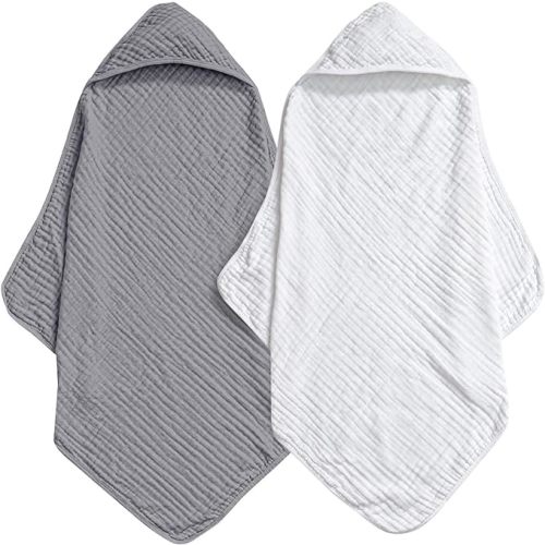 david's kids 2 Pack Hooded Baby Towels, 100% Muslin Cotton Baby Bath Towels, Ultra Soft Breathable Absorbent Towels for Infant Toddler and Kids, Newborn Essentials, Large 32x32Inch, White & Grey