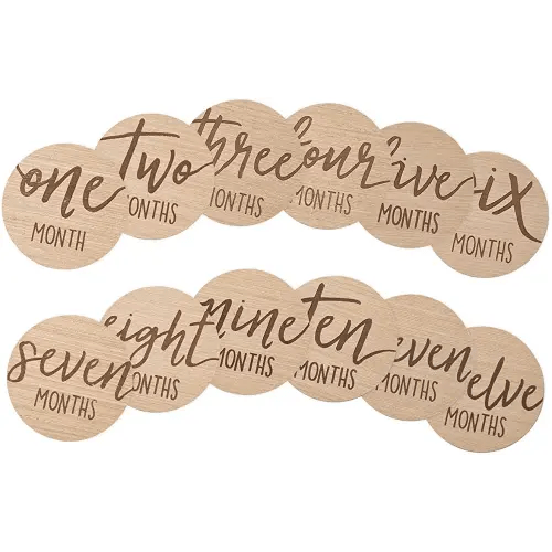 Kate & Milo Baby Monthly Milestone Marker Discs, Reversible Photo Props, Baby Growth and Pregnancy Growth Cards, 1-12 Months, Gender-Neutral Gift, Classic Cursive Script Wooden Discs