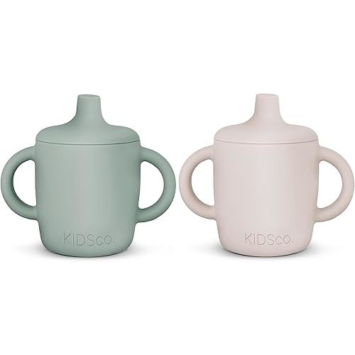 Silicone Sippy Cups with Easy Grip Transition Handles and a Soft Spout. A Non Toxic No Spill Unbreakable Training Cup. 150ml/5oz |2-PACK Green and Sandy Shore|
