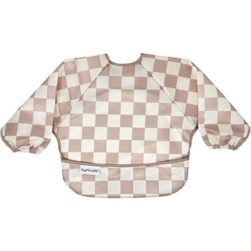 Tiny Twinkle Mess Proof Baby Bib, Cute Full Sleeve Bib Outfit, Waterproof Bibs for Toddlers, Machine Washable, Tug Proof, Baby Smock for Eating, Long Sleeved (Checkers Brown, Small 6-24 Months)